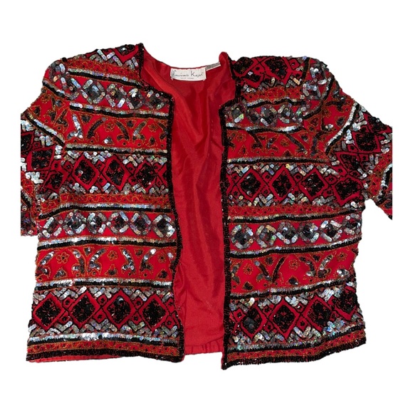 Laurence Kazar Vintage size L red and black sequined long sleeved jacket - Picture 3 of 12